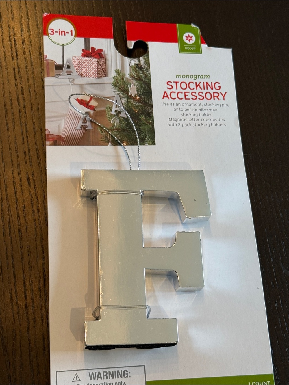 Threshold Silver Monogram Stocking Letter F! 3-in-1 Pin, magnetic or hang!